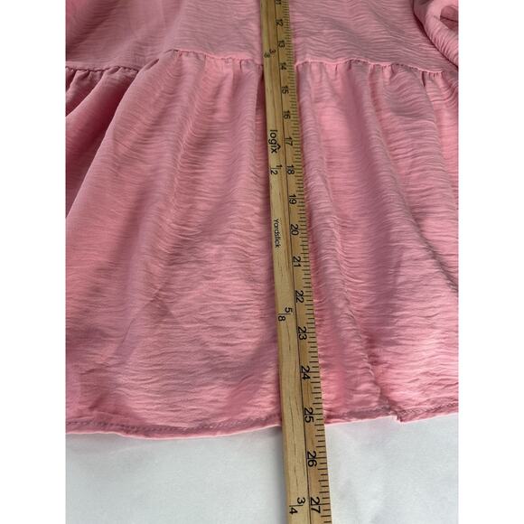 Entro Top Women L Pink Cuffed Short Sleeve Babydoll Flowy V Neck Blouse - Picture 10 of 10